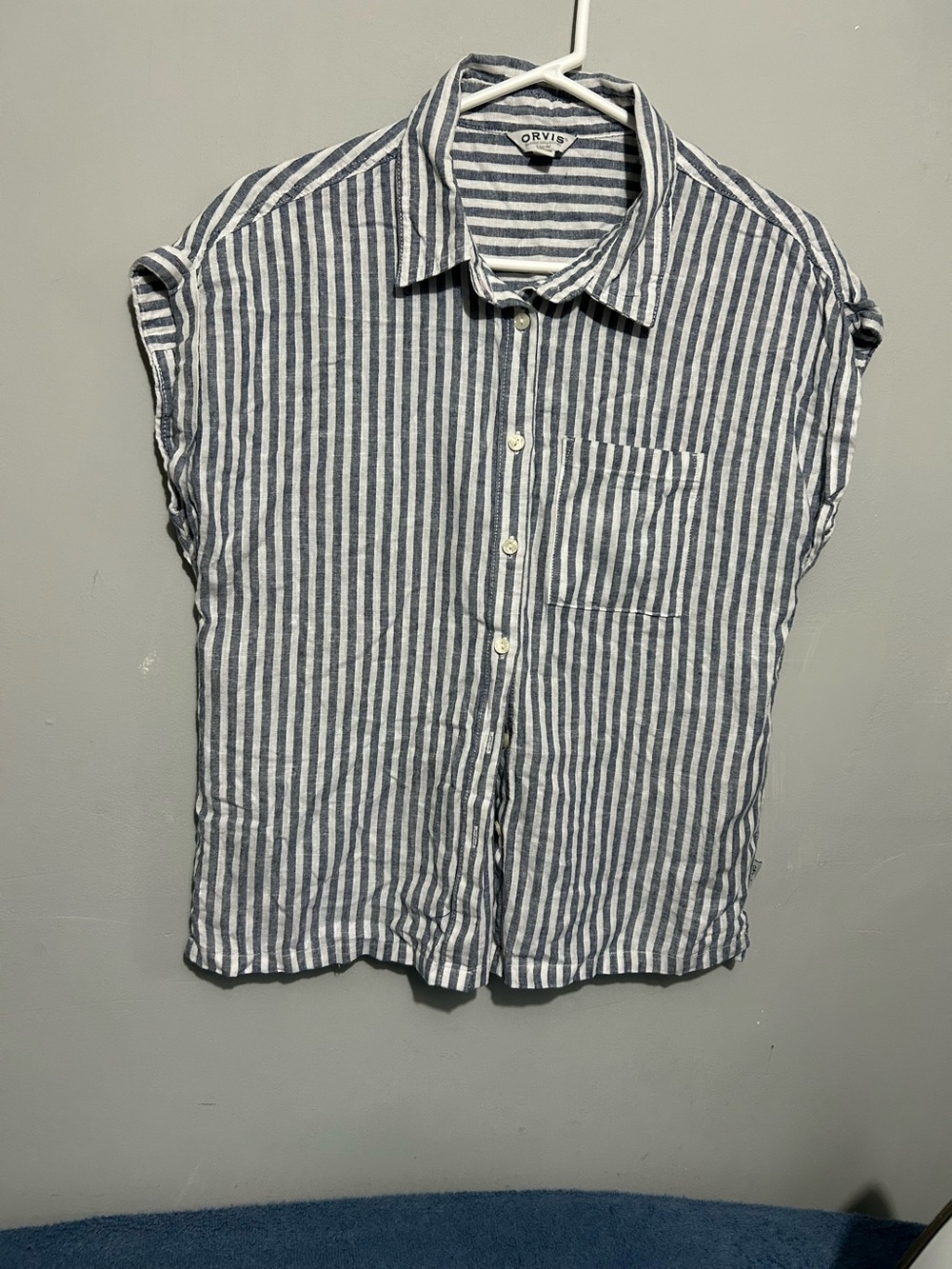 Orvis Navy and White Vertical Stripe Linen Button-Down Shirt